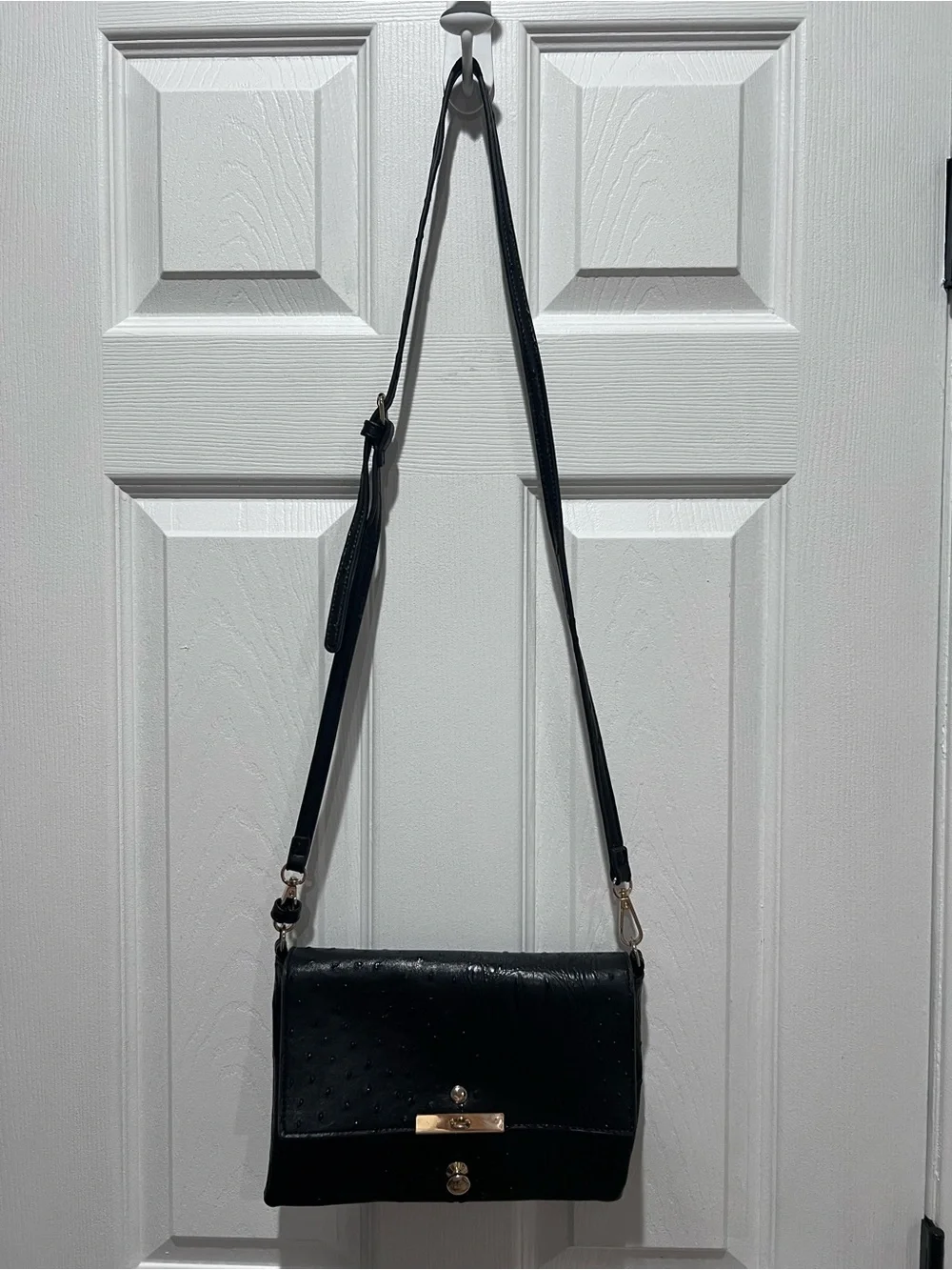 Black Faux Ostrich Leather Crossbody Clutch - Gold Hardware‎